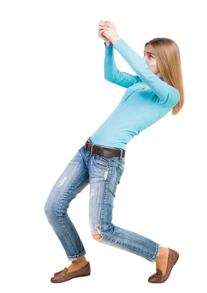 Woman pulling rope — Stock Photo, Image