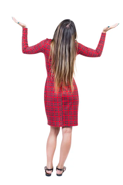 Woman in red plaid dress — Stock Photo, Image