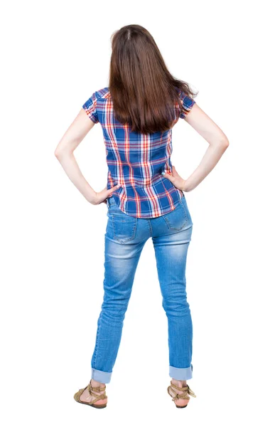 Žena v kostkované modré tričko — Stock fotografie
