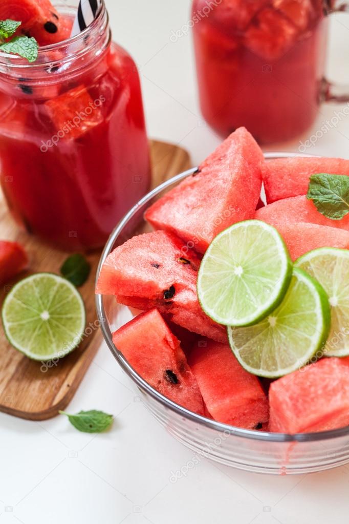 Watermelon slices with lime and smoothie