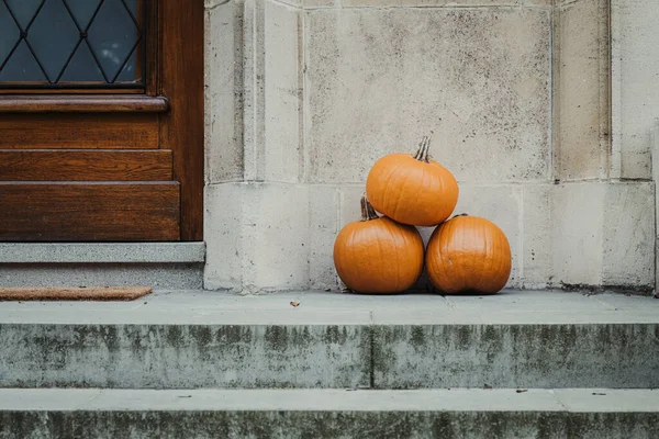 Three Yellow Pumpkin House Halloween — Stock Photo, Image