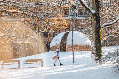 LUXEMBOURG-JANUARY 2021: Kışın karla kaplı şehir parkları