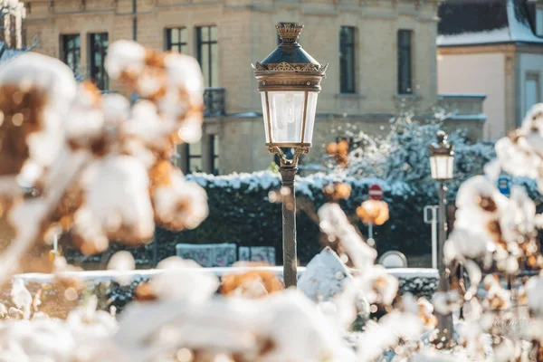 Szczegóły Lampy Miejskiej Sezonie Zimowym Luksemburgu — Zdjęcie stockowe