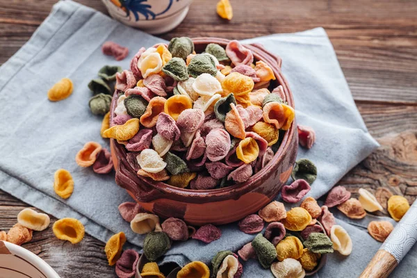 Hand Made Orecchiette Pasta Puglia Made Natural Flavors Turmeric Beetroot — Stock Photo, Image