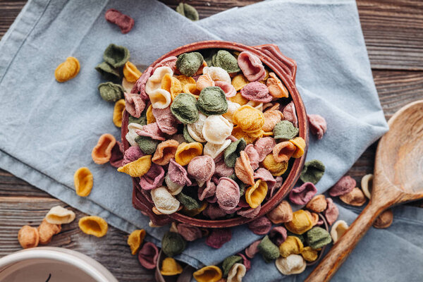 Hand made orecchiette pasta from Puglia, made with natural flavors  like turmeric, beetroot, spinach, chilli