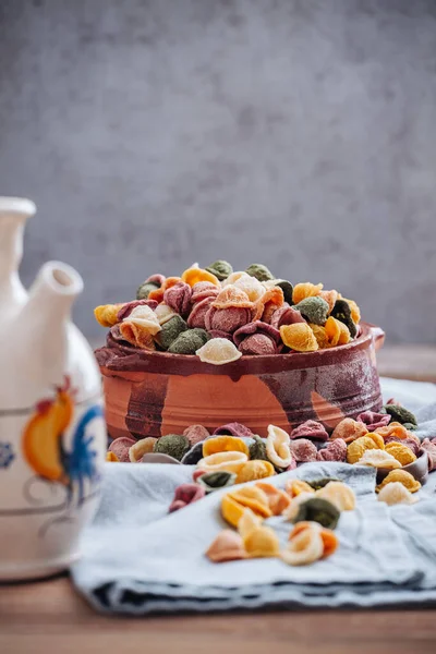 Hand Made Orecchiette Pasta Puglia Made Natural Flavors Turmeric Beetroot — Stock Photo, Image