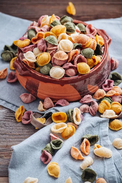 Hand Made Orecchiette Pasta Puglia Made Natural Flavors Turmeric Beetroot — Stock Photo, Image