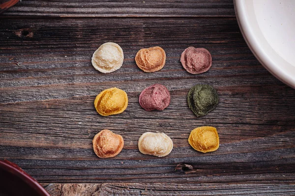 Hand Made Orecchiette Pasta Puglia Made Natural Flavors Turmeric Beetroot — Stock Photo, Image