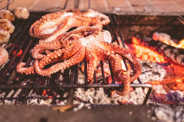 Barbacoa Verano Con Pulpo Camping Puglia —  Fotos de Stock