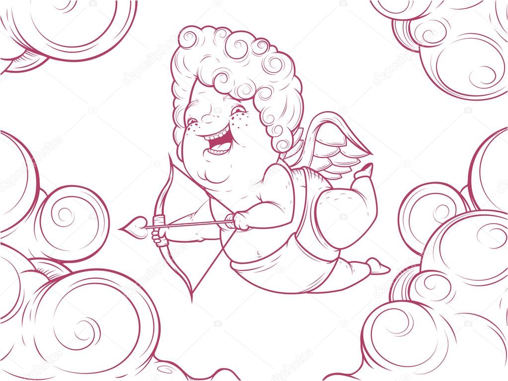 Contour illustration of funny cupid in the clouds