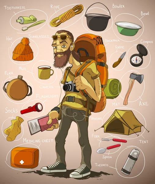 Traveler and a set of things for travel — Stock Vector