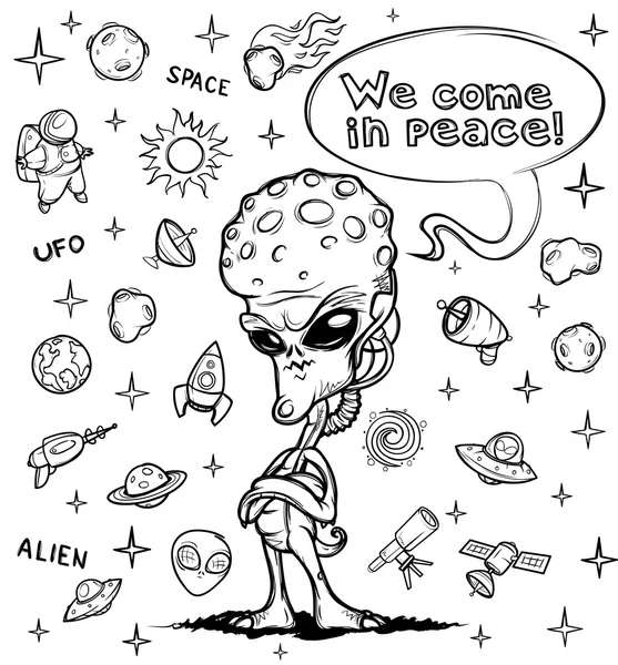 Piccolo invasore spaziale alieno con una grande testa. Disegnato a mano — Vettoriale Stock