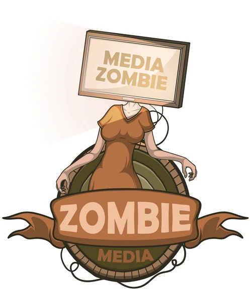 Zombie media con tv a schermo piatto al posto della testa. Etichetta isolato — Vettoriale Stock
