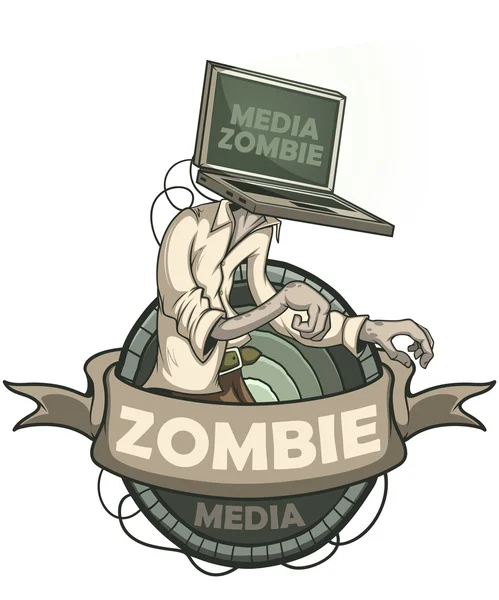 Media zombie with a laptop instead of a head. Label isolated — Stock Vector