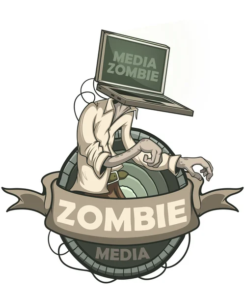 Media zombie con un ordenador portátil en lugar de una cabeza. Etiqueta aislada — Archivo Imágenes Vectoriales