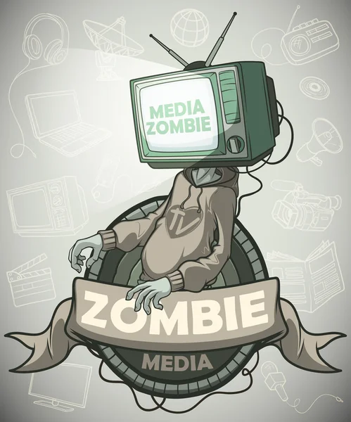 Media zombie with a tv instead of a head. Label — Stock Vector