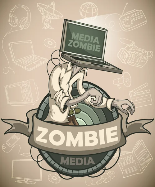 Media zombie med en laptop i stället för ett huvud. Etikett — Stock vektor