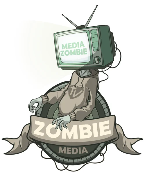 Zombie des médias avec une télévision au lieu d'une tête. Label isolé — Image vectorielle