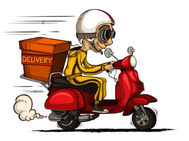 Courier rides on scooter. Colored and isolated