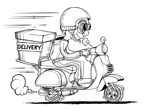 Courier monta em scooter. Preto e branco. Isolados — Vetor de Stock