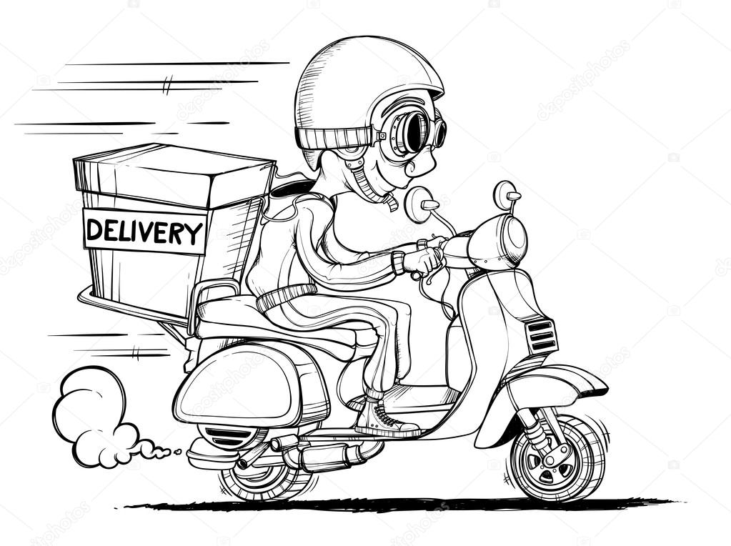 Courier rides on scooter. Black and white. Isolated