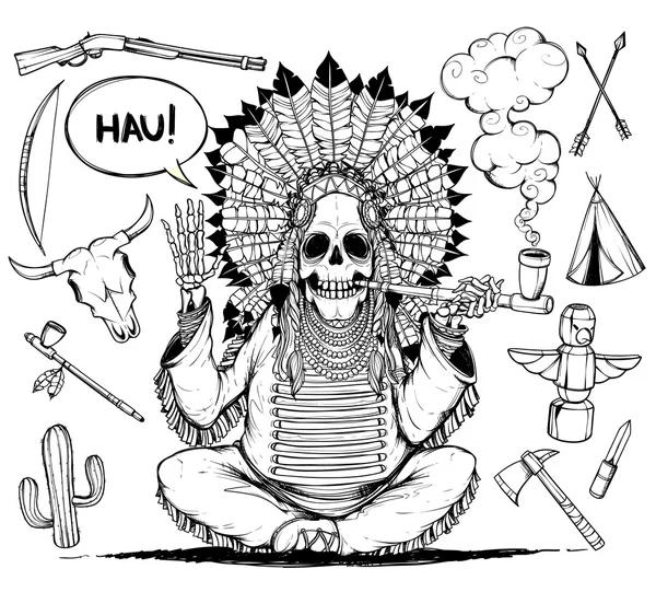 Skelett Indianer Häuptling. und setzen Objekte, die mit Indianern verwandt sind. schwarz-weiß — Stockvektor