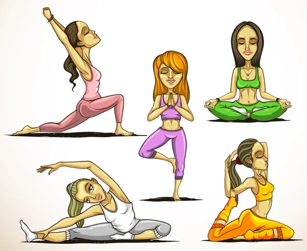 Conjunto de cinco mujeres practicando yoga — Archivo Imágenes Vectoriales