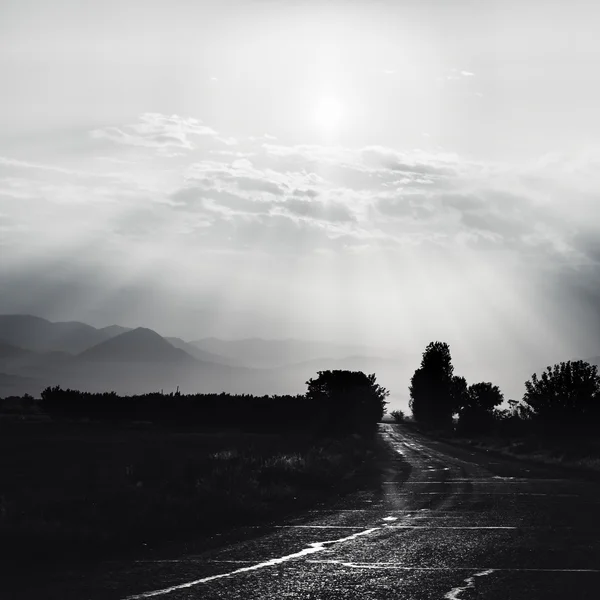 Route monochrome sur prairie avec beau ciel — Photo