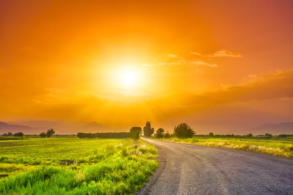 Straße auf Wiese mit schönem Sonnenuntergangshimmel — Stockfoto