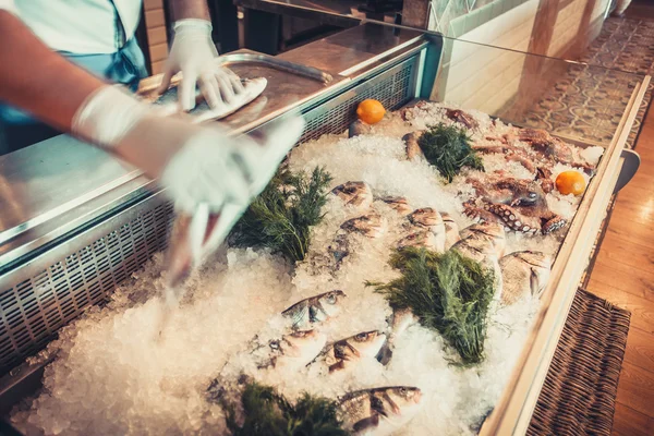 Mariscos sobre hielo y manos humanas — Foto de Stock