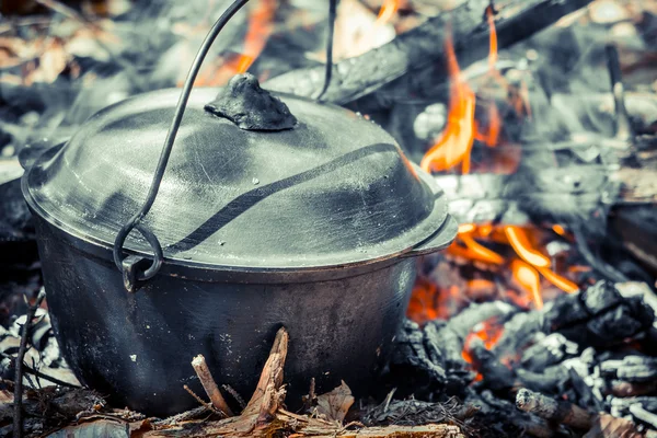 Kettle over campfire close up — Stock Photo, Image