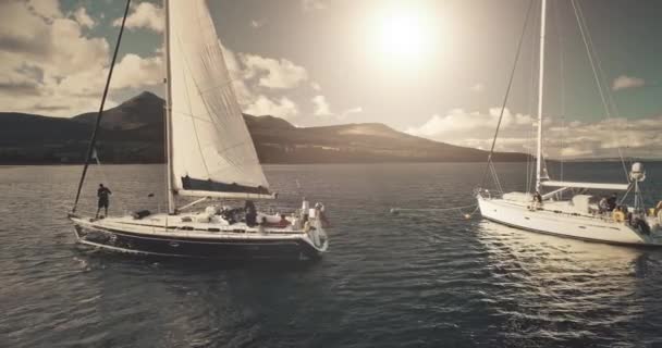 Luksuriøse yachter på solskinnet regatta fra luften. Seiling i vind gjennom bølger på åpent hav – stockvideo