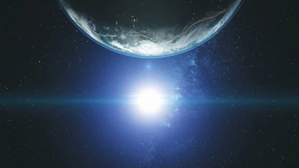 Strahlende Sonne auf der rotierenden Erde mit blauem Heiligenschein und weißen Wolken. Planet unseres Sonnensystems kreist im Sonnenlicht — Stockfoto