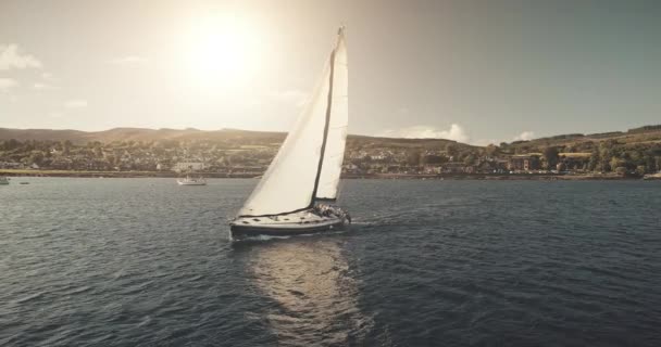 海の湾の空中に太陽の反射でヨットレース。太陽の下で帆のボートと誰も自然の風景 — ストック動画