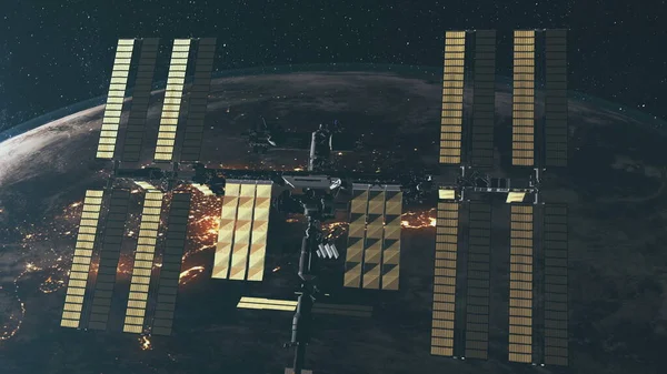 Gravitationsfluga av internationella rymdstationen, enorma solpaneler på roterande jorden planet bakgrund — Stockfoto