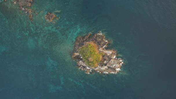 Von oben eine Felseninsel mit grüner Gipfelantenne. Meereswellen krachen auf Klippen. Niemand Natur Seenlandschaft — Stockvideo