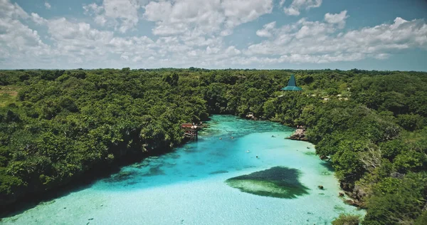 用盐水在奇异的绿色植物上封闭清澈的湖水.热带翡翠盐水宁静场景 — 图库照片