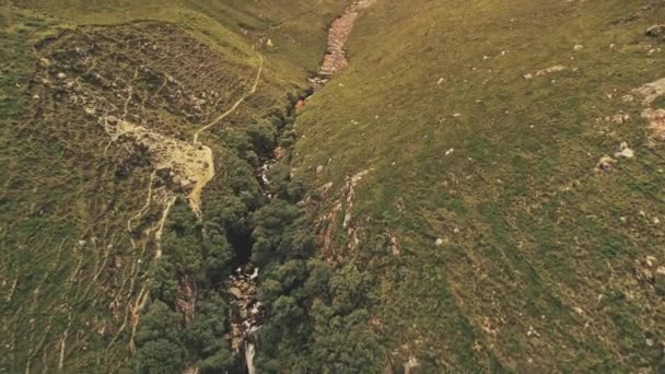 Fechem o sol sobre o caminho verde da montanha aérea. Ninguém paisagem da natureza. Margens fluviais — Vídeo de Stock