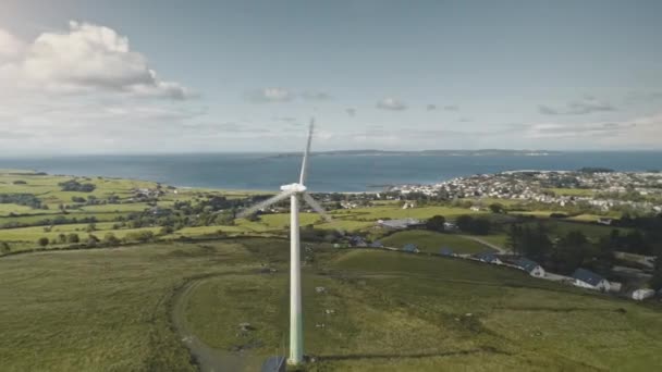 Windmill at solar station aerial. Town at ocean bay Nobody nature landscape. Alternative electricity — Wideo stockowe