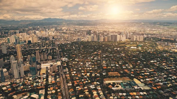 Sun metropolis city with streets, roads aerial. Downtown buildings, skyscrapers at summer — Stock Photo, Image