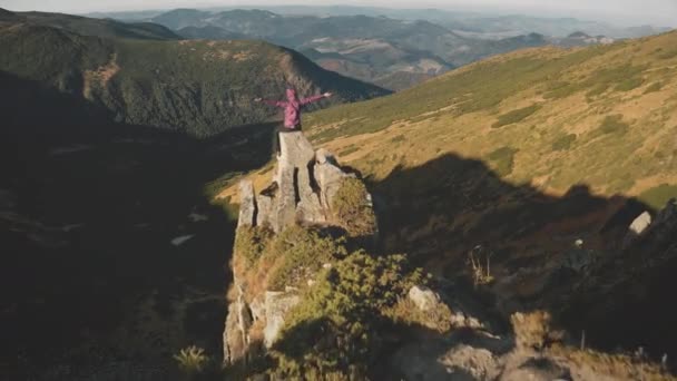 Une touriste aérienne lève la main. Fille s'asseoir sur la pierre au sommet de la montagne. Paysage naturel. Montage rocher — Video