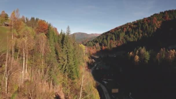山の森の空中村。秋の誰も自然の風景。田舎のコテージ、家 — ストック動画