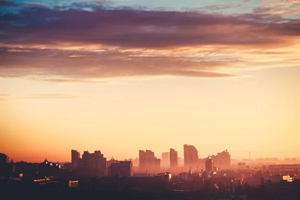 Kyiv aerial cityscape sunrise silhouette illustration: dark clouds on soft sky. Ukraine capital city — Stock Photo, Image