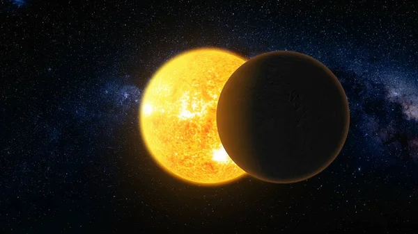 Eclipse solar total 3d: silueta lunar ilustración de arte. Escenario épico del cosmos en fondo azul oscuro — Foto de Stock