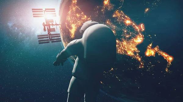 Eksplorator ziemskich astronautów na światłach miasta. Układ słoneczny trzecia planeta kosmonauta badania grawitacji lotu — Zdjęcie stockowe