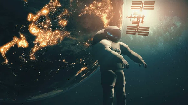 Крупным планом Земной космонавт Международной космической станции Силуэт МКС на солнце. Планета Солнечной системы — стоковое фото