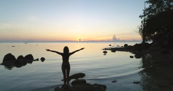 Thailand zonsondergang antenne: silhouet vrouw rijzen handen op de oceaan stenige kust. Thaise achteraanzicht van meisje — Stockvideo