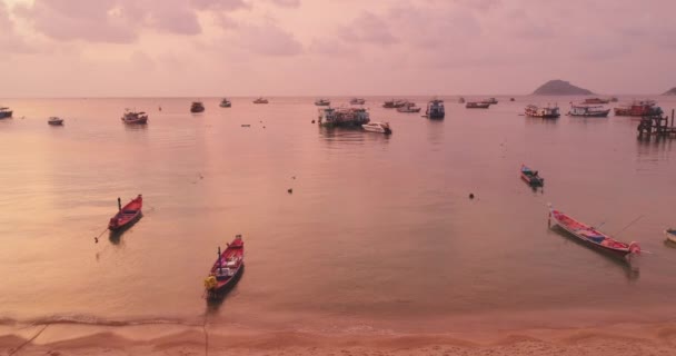 海上船グループアンカレッジ・アット・コーストビュー。海の水はまだ波の風景サンディビーチ湾 — ストック動画