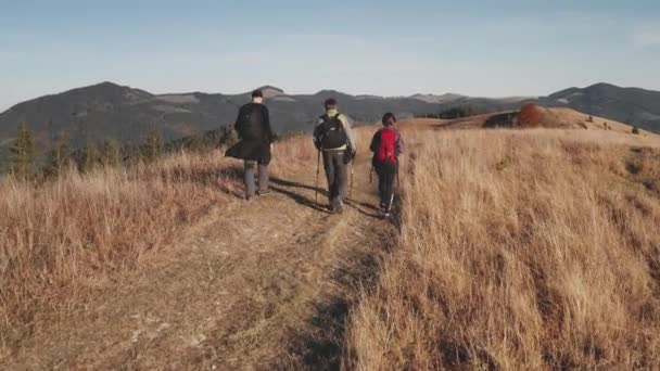Szoros utazók sétálnak az égett fű hegyi hegyi levegőben. Vadtűz a Mount Forestben. Az emberek túráznak — Stock videók