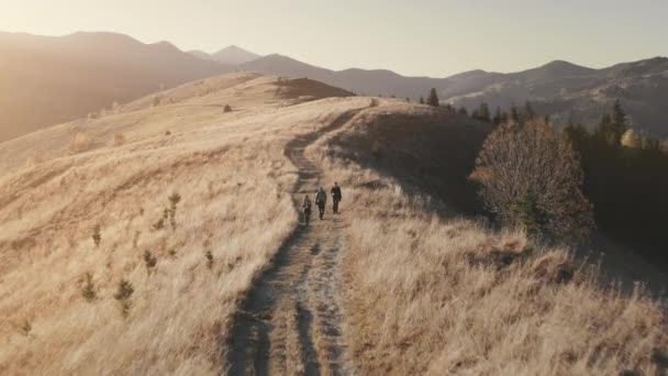 Turisti escursioni a prato bruciato aerea campo. Paesaggio naturale di montagna. La gente cammina su strada rurale — Video Stock